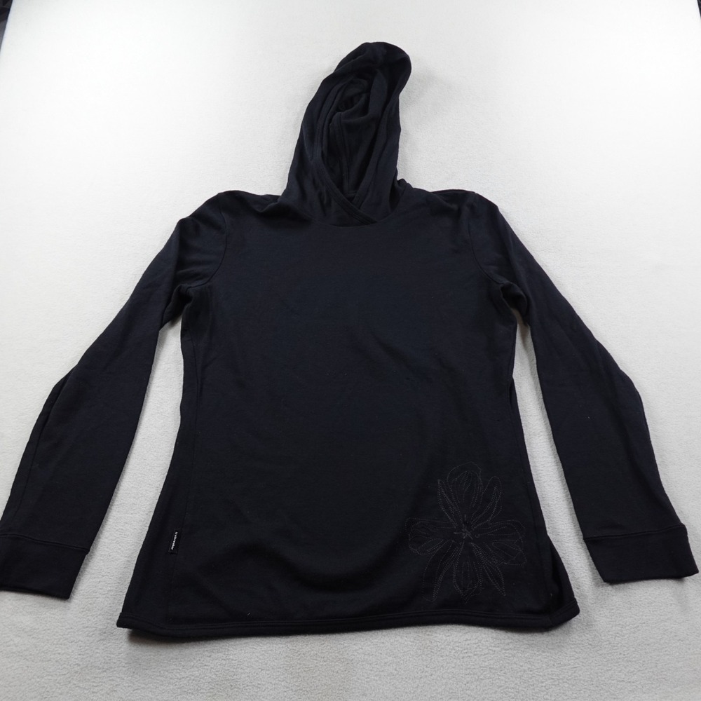 Icebreaker Pullover Hoodie Womens Large Black Merino Wool Lightweight Hiking